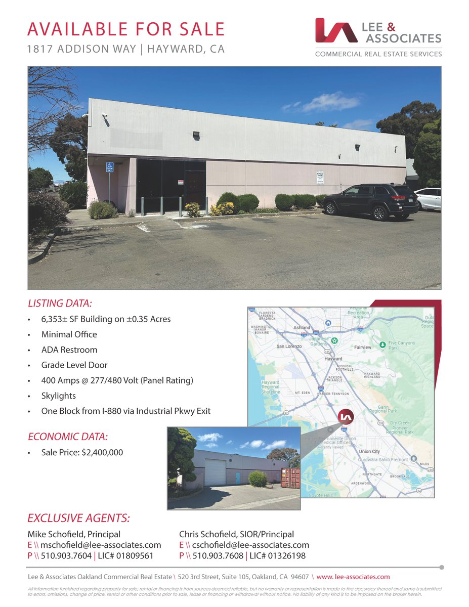 Available for sale in Hayward! Located one block from I-880 via  Industrial Pkwy exit and consisting of 6,353 SF on 0.35 acres, 1817 Addison Way is listed by Michael Schofield &amp; Chris Schofield. Please reach out for more information and set up a tour today! #CRE #sale #leeoakland