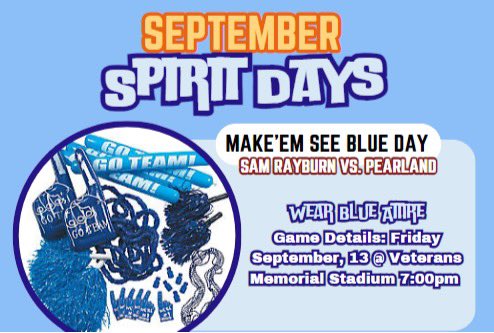 Don’t forget! Tomorrow  we are making Pearland SEE BLUE—wear blue to school AND the game! (Student tickets on sale for $4 during all lunches.) <a href="/SRHS_2024/">SRHS 2024</a> <a href="/SamRayburnFB/">Sam Rayburn Football</a> <a href="/srhscheer_/">Sam Rayburn Cheer 🎀</a> <a href="/Rayburn_TexAnns/">Sam Rayburn TexAnns</a>