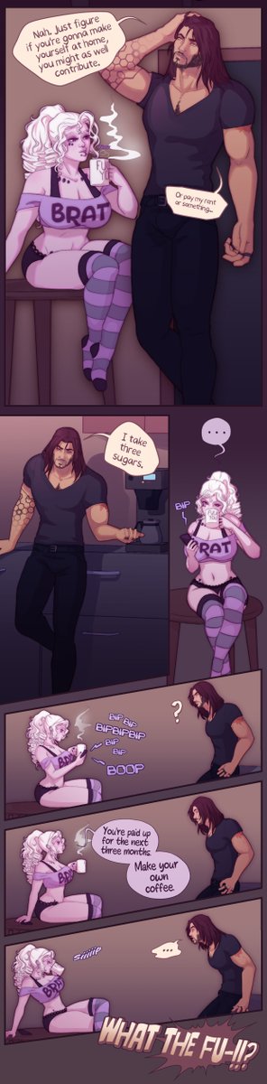 Pt 2/4 - Reyes really ought to know better than to joke about these things. And also that Rune is his boss and can absolutely afford his rent if she wanted to to make a point.

As for Rune... yes, she would in fact rather drop several thousand credits than do anything Reyes says.