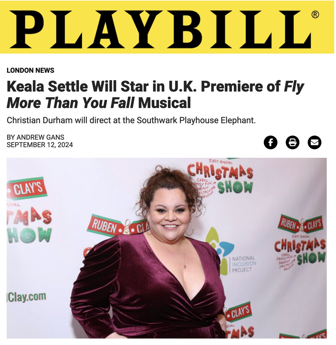 Tony nominee Keala Settle (Hands on a Hardbody, The Greatest Showman) will lead the cast of the UK premiere of the new musical Fly More Than You Fall <a href="/flymorethanfall/">Fly More Than You Fall</a> at Southwark Playhouse Elephant  <a href="/swkplay/">Southwark Playhouse</a> October 18-November 23 with an official opening October 23 - Playbill