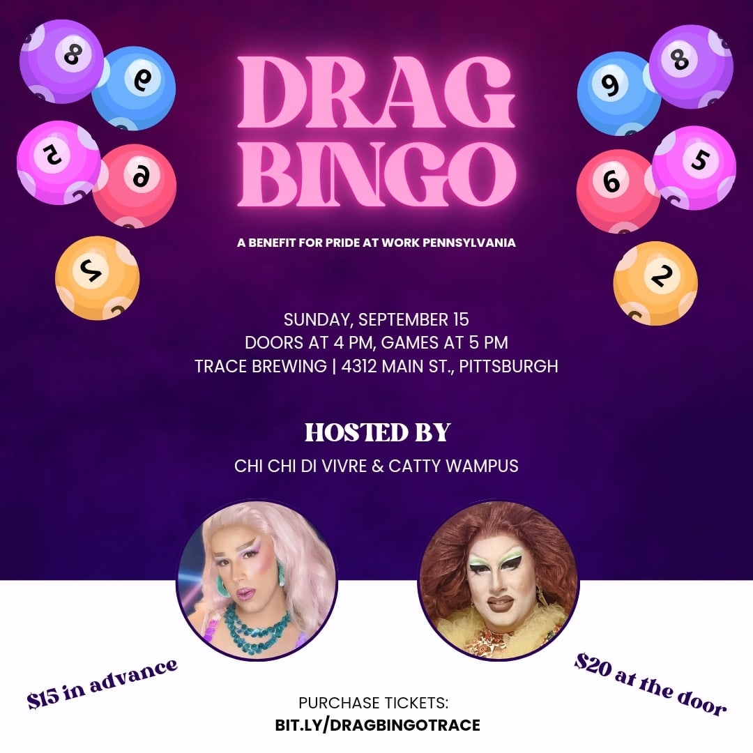 Join us at Trace Brewing in PGH this Sunday at 5 PM for Drag Bingo! 🤩

Tickets at bit.ly/dragbingotrace 😘