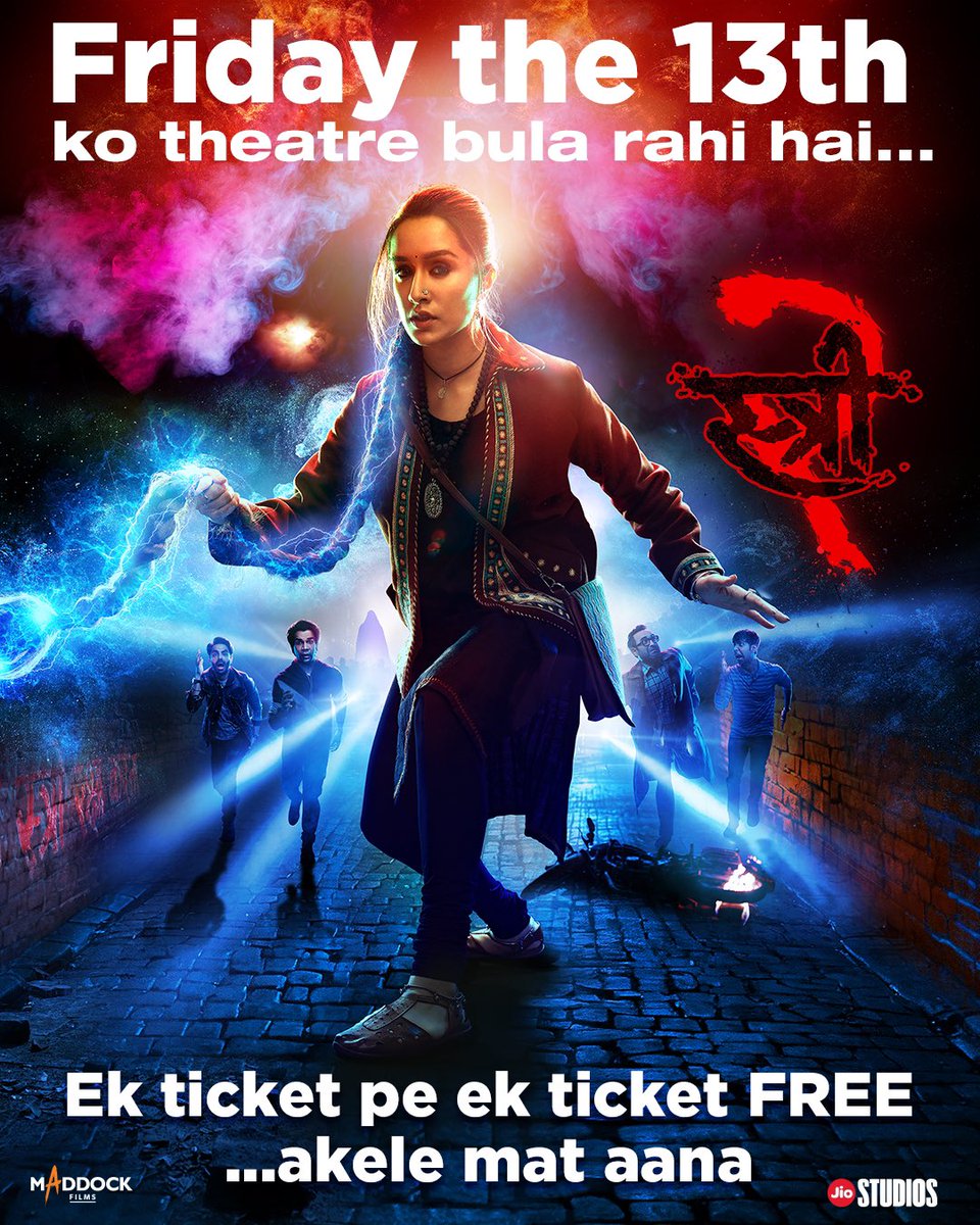films_iam's tweet photo. 'STREE 2’ BOGO OFFER ANNOUNCED. Attention, all #Stree2 Riding high on the incredible audience response, Team #Stree2 announces the #Buy1Get1free ticket offer for Friday [13 Sept 2024].

OFFICIAL POSTER..
#ShraddhaKapoor #RajkummarRao #DineshVijan #JioStudios #MaddockFilms #Gareca https://t.co/QphvDMaQKQ