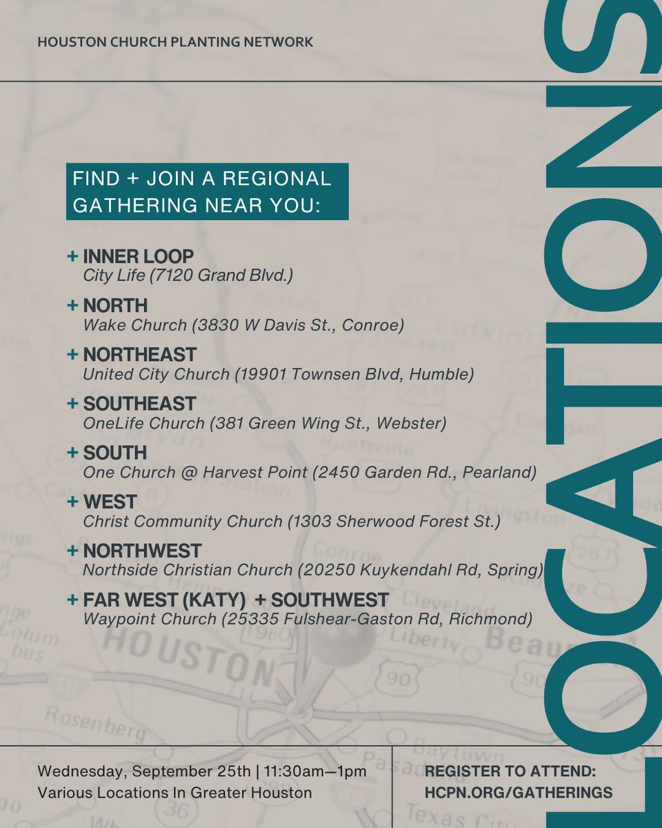 Regional Gatherings are happening all around the city September 25th!

Our hope is to continue to foster relationships in smaller  regions around Greater Houston that facilitate greater collaboration for church multiplication &amp; gospel saturation.⁠

➡️ HCPN.ORG/GATHERINGS