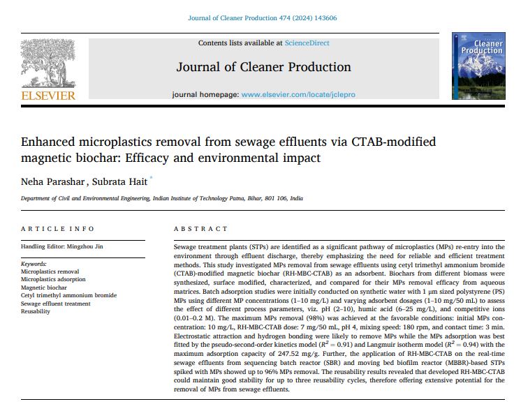 er_subu's tweet photo. Our recent article in #JCLP explores the potential of CTAB-modified magnetic biochar for adsorptive removal of PS MPs from MBBR &amp; SBR effluents. Congrats to @neha_parashar4! 50 days free access at: https://t.co/IkrC333H5j

@ELSenviron @ElsevierConnect https://t.co/OcHveS6Dhc