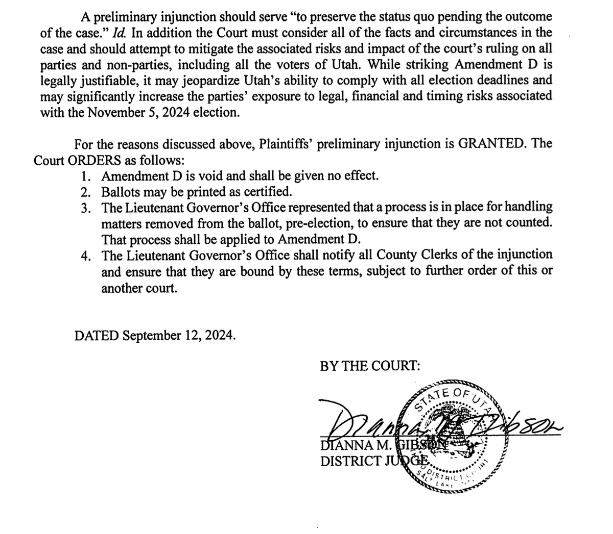 KatieMcKellar1's tweet photo. BREAKING: Judge declares Amendment D VOID. 

This means ballots will be printed as certified (with the question), but the amendment won't count #utpol #utleg @BBforUT 

We can expect an appeal from state officials https://t.co/h4Geus90zh
