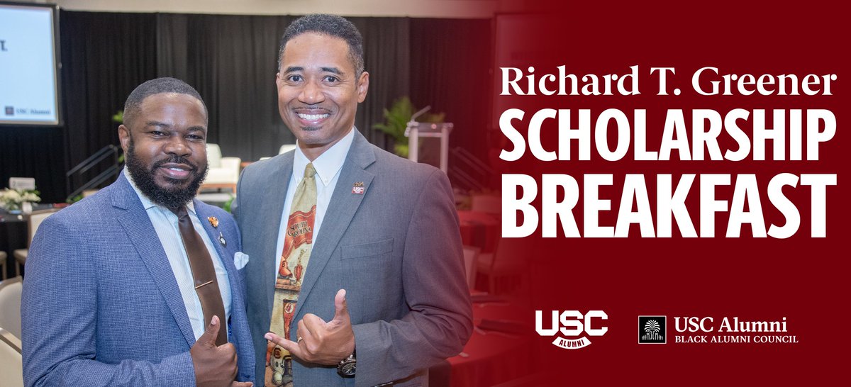 UofSCBAC's tweet image. Celebrate #USCBlackExcellence and make an impact in the lives of USC students by joining us at the Richard T. Greener Scholarship Breakfast this #GamecockHomecoming! 🤙🏾
🗓️ Friday, Nov. 1
⏰ 8 a.m.
📍 Pastides Alumni Center
🎟️ uofscalumni.org/RTG24