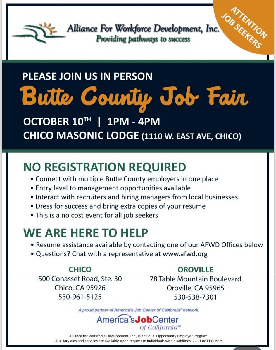 buttecountyDESS's tweet image. This in-person job fair will be taking place on October 10, 2024 from 1:00pm to 4:00pm at the Chico Masonic Lodge (1110 W. East Avenue, Chico).

Participation in this no cost. Please dress for success and bring extra copies of your resume.