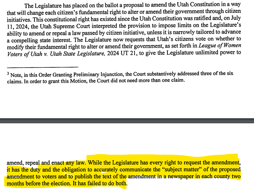 LindsayOnAir's tweet photo. Here's one of the key reasons why Judge Dianna Gibson decided to make void Amendment D. She writes, "the legislature has a duty and the obligation to accurately communicate the 'subject matter' of the proposed amendment to voters and to publish the text of the amendment in a newspaper in each county two months before the election. It has failed to do both."