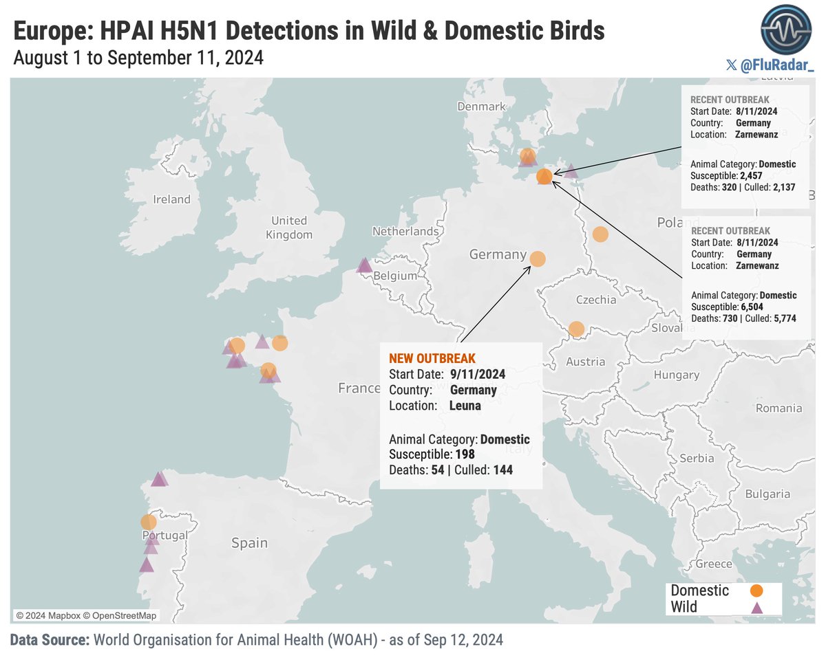 ⚠️🇩🇪 Germany reported new #H5N1 #BirdFlu in a poultry farm in Leuna.

🦆198 birds (98 geese, 100 ducks) affected, 54 dead, 144 culled. 

ℹ️Last outbreak occurred 32 days ago on Aug 11 in northeastern Germany (2 farms affected).

wahis.woah.org/#/in-event/586…