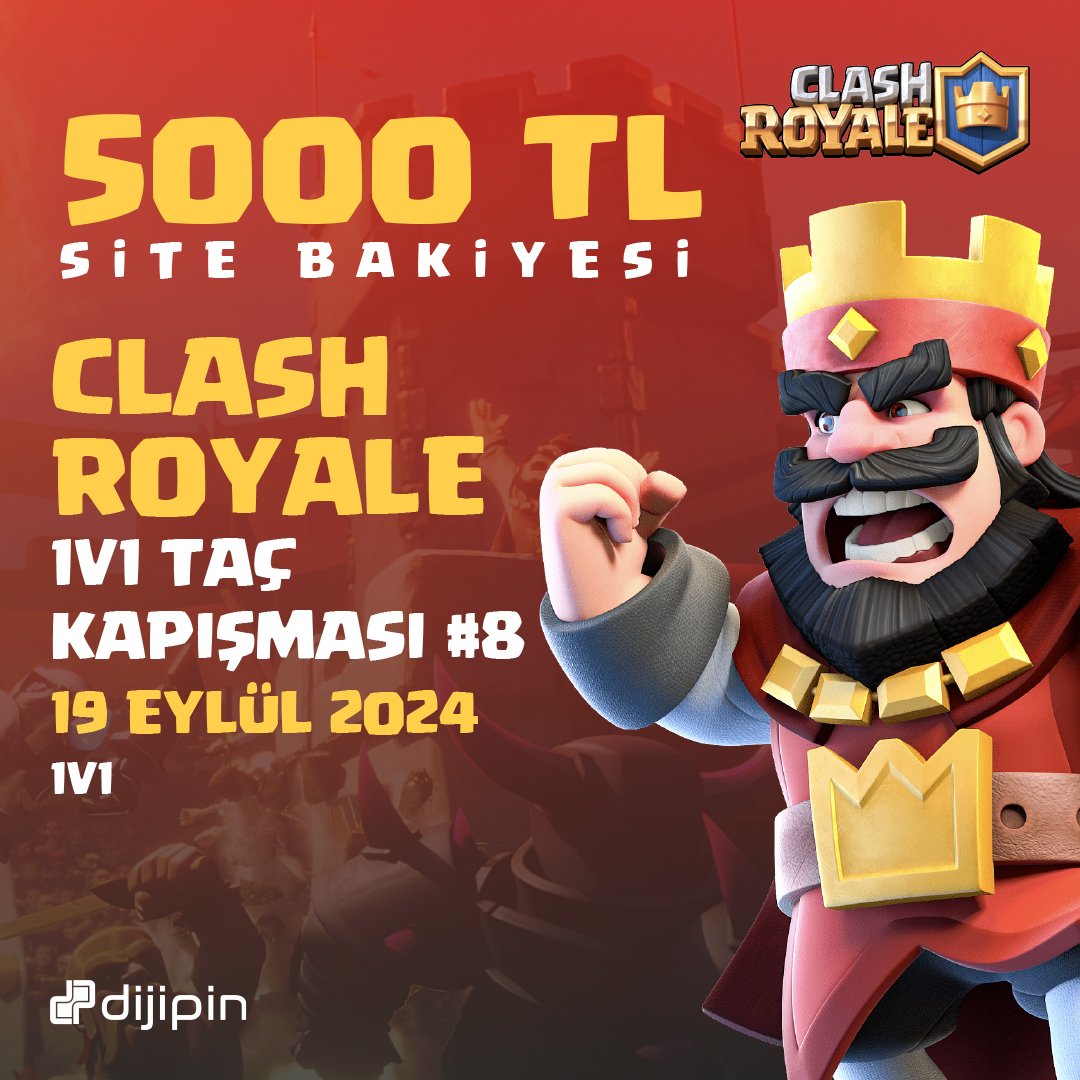 #ClashRoyale 1v1 Taç Kapışması 8 Başlıyor!🎉

⏰ 19 Eylül 20:00
🎁 5.000₺ @dijipincom Site Bakiyesi
🚹 Katılım Limiti: 64
🎯 Turnuva Türü: 1v1
👉🏻Kayıt için link bio’da!

#turnuvamcom #turnuva #espor