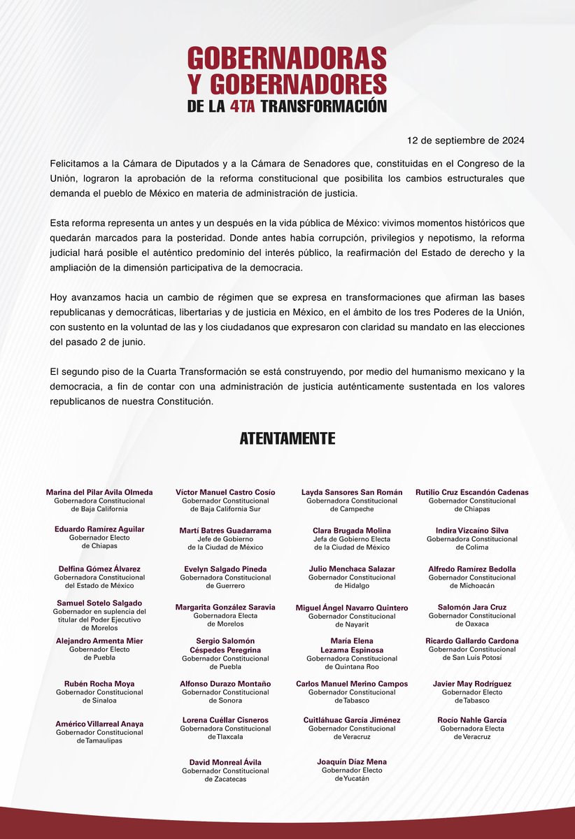 LaydaSansores's tweet photo. Gobernadoras y gobernadores de la #4T felicitamos a la @Mx_Diputados y al @senadomexicano que, constituidos en el Congreso de la Unión, lograron la aprobación de la reforma constitucional que posibilita los cambios estructurales que demanda el pueblo de México en materia de administración de justicia.