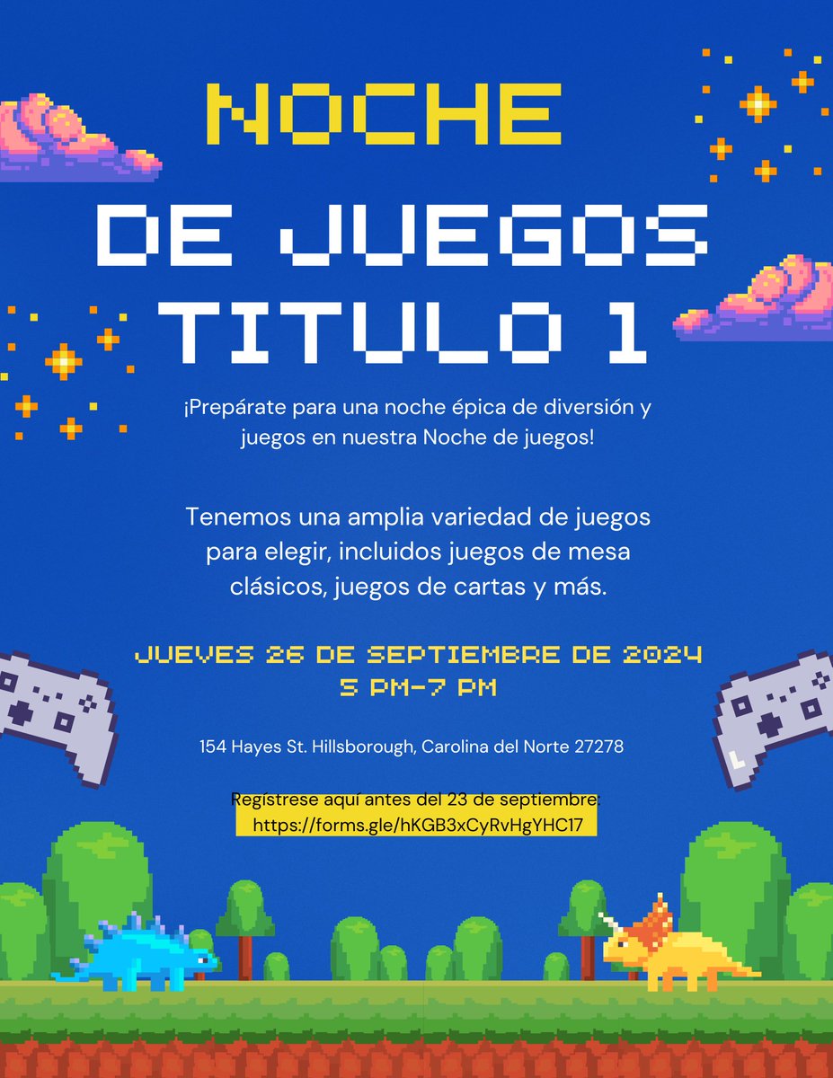 Únase a nosotros para nuestro Título I Noche de Juegos. ¡Por favor, utilice el enlace de abajo para registrarse antes del 23 de septiembre! 

forms.gle/hKGB3xCyRvHgYH… 

#GetintheGame