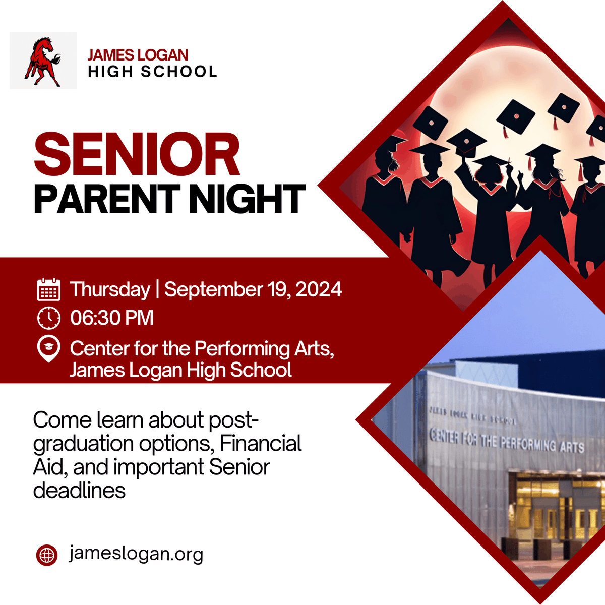 New Haven Unified School District (@mynhusd) on Twitter photo A message from the James Logan HS Counseling Team:
Join us for #SeniorParentNight. Come learn about post-graduation options, Financia Aid, and important Senior deadlines.
Email questions to Andrade aandrade@nhusd.k12.ca.us or rharper@nhusd.k12.ca.us
#NHUSD #JLHS #Colts A message from the James Logan HS Counseling Team:
Join us for #SeniorParentNight. Come learn about post-graduation options, Financia Aid, and important Senior deadlines.
Email questions to Andrade aandrade@nhusd.k12.ca.us or rharper@nhusd.k12.ca.us
#NHUSD #JLHS #Colts