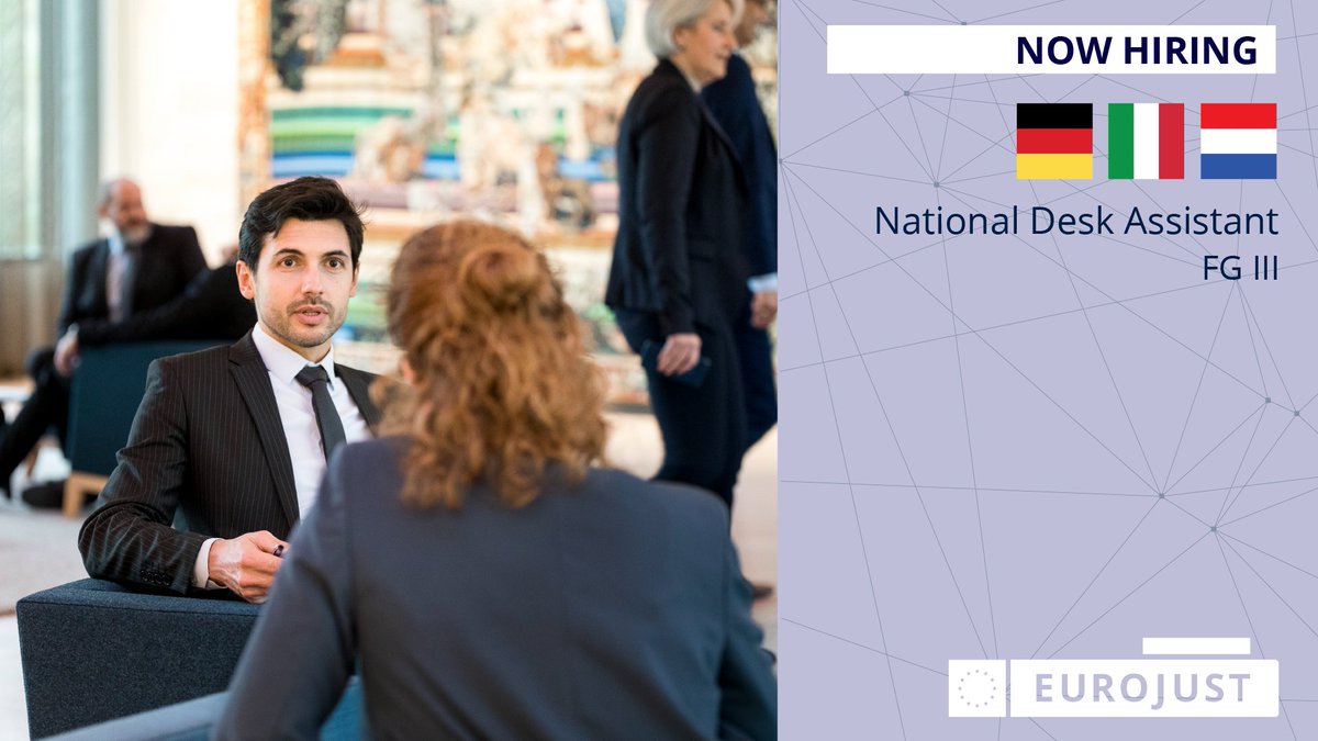 Eurojust's tweet photo. ๐ฃ Job alert!
๐ฉ๐ช๐ฎ๐น๐ณ๐ฑ We're looking for a National Desk Assistant for the German, Italian, & Dutch desks.
๐ Main tasks include administrative & case management support.
Come join #TeamEurojust in The Hague and help get justice done! Apply ๐
https://t.co/5XCrRqY20J #EUCareers https://t.co/zzoAIjSuqM