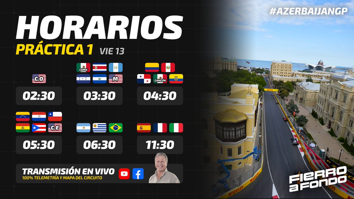 FierroaFondoTV's tweet photo. #F1 | ⏰ #HORARIOS de la PRÁCTICA 1 del #AzerbaijanGP 🇦🇿
📊 No te pierdas el #DataCast EN VIVO 100% telemetría y mapa del circuito con @jorgekoechlin
🔗Enlace: https://t.co/eLSx0T8oao
#Libres1 #FP1 #GPAzerbaiyán https://t.co/QKlIj6trFc
