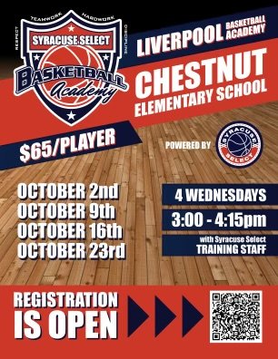 *CHE STUDENTS*

After School Basketball Program

Wednesdays After School from 3-4:15pm in the CHE Gym in Oct.

10/2, 10/9, 10/16, 10/23

Sign up here:
syracuseselect.leagueapps.com/camps/4321398-…