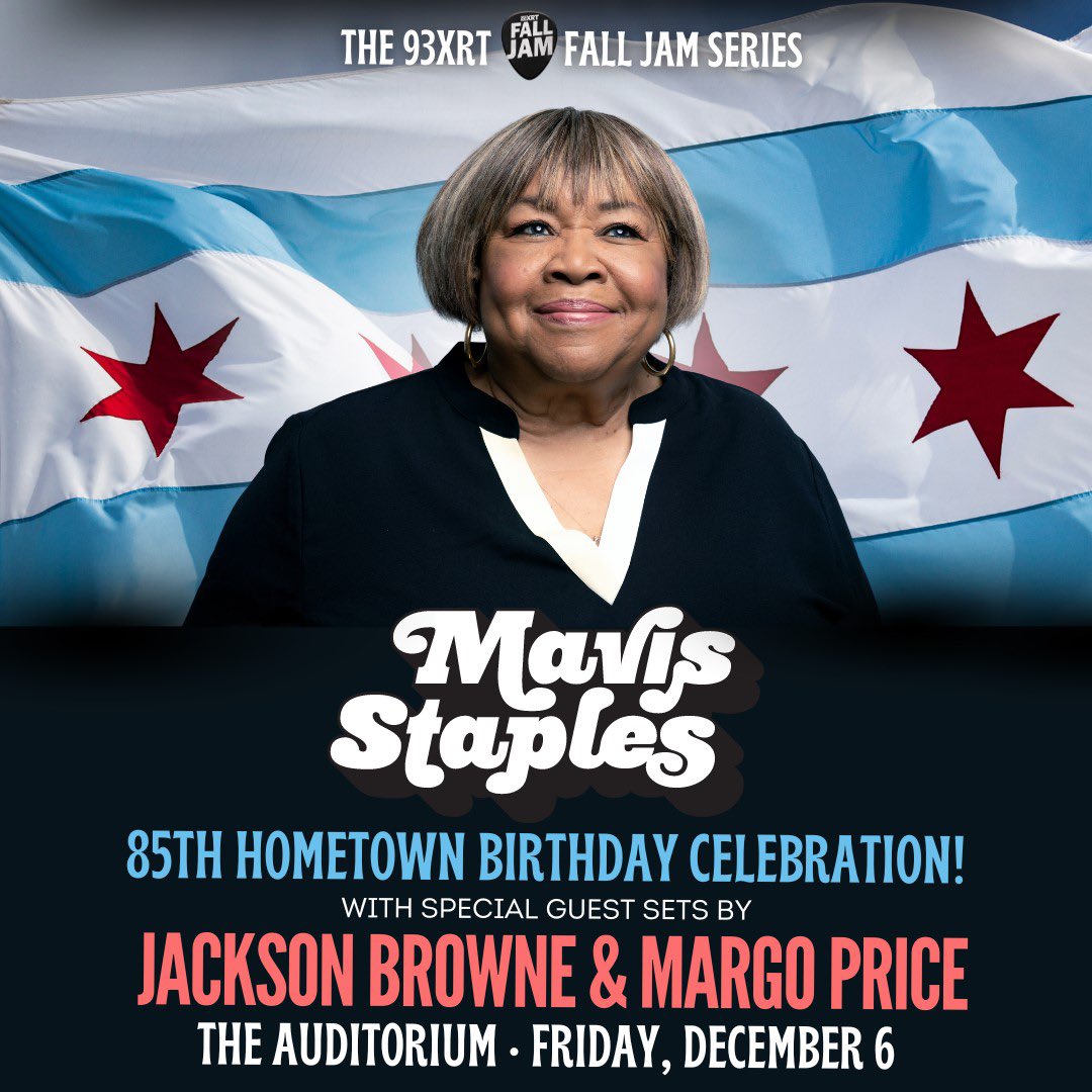 Mavis Staples (@mavisstaples) on Twitter photo I’m thrilled to invite you to my special show in Chicago on December 6th at beautiful Auditorium Theatre
My band and I will be performing along with the lovely <a href="/JacksonBrowne/">Jackson Browne</a> and & <a href="/MissMargoPrice/">Margo Price</a>.
Get pre-sale tickets with special code: MAVIS85
axs.com/events/672741/… I’m thrilled to invite you to my special show in Chicago on December 6th at beautiful Auditorium Theatre
My band and I will be performing along with the lovely <a href="/JacksonBrowne/">Jackson Browne</a> and & <a href="/MissMargoPrice/">Margo Price</a>.
Get pre-sale tickets with special code: MAVIS85
axs.com/events/672741/…