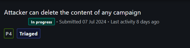 - Replace the id in the delete request and send it  >> 500 internal server error 

- Check the victim's account , and the content has been deleted 

- Don't rely on the status code or the response 🧐

#BugBounty #bugcrowd