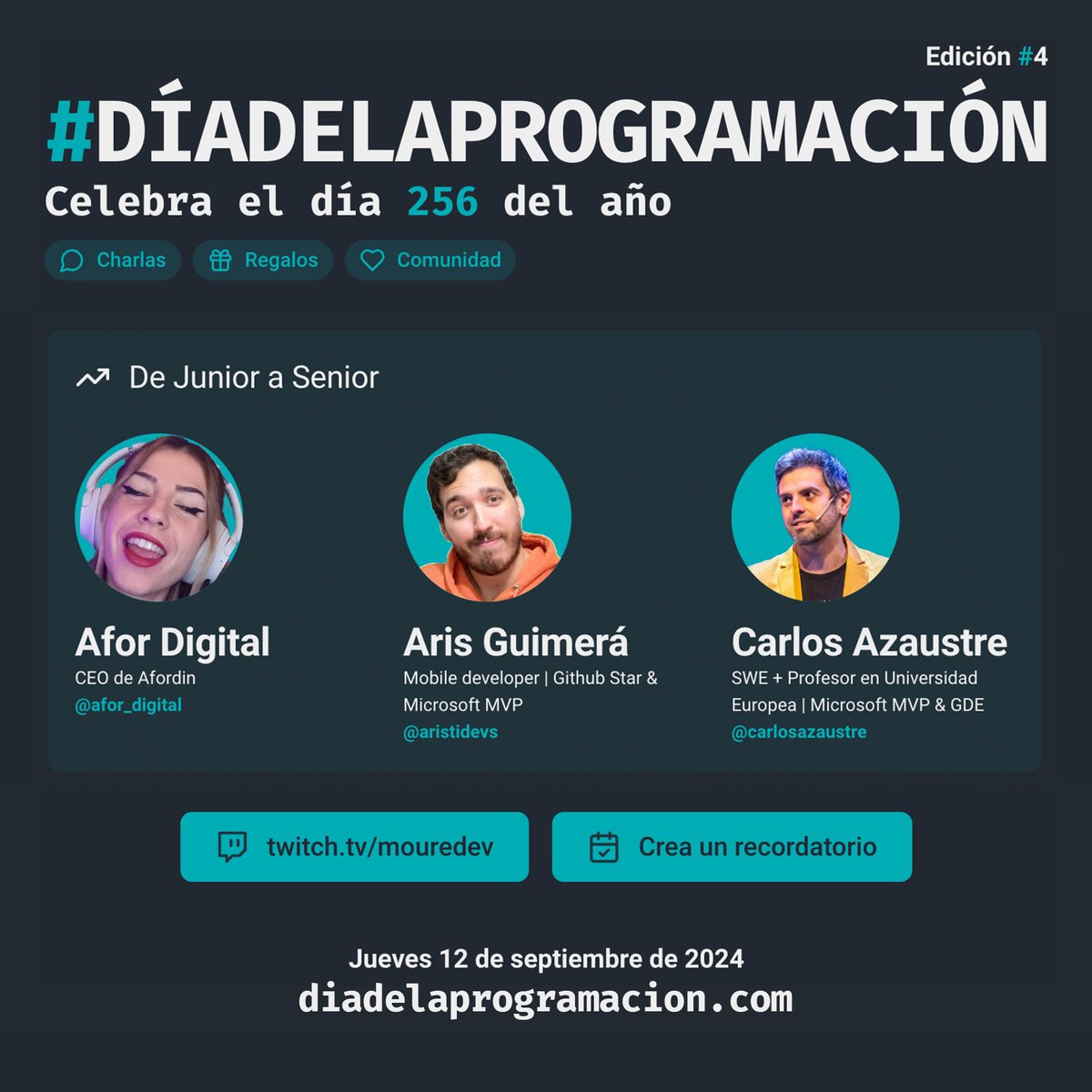 MoureDev's tweet photo. Comienza la segunda mesa redonda del #diadelaprogramacion 🥳

📈 DE JUNIOR A SENIOR con:
- Afor Digital @afor_digital
- AristiDevs @aristidevs
- Carlos Azaustre @carlosazaustre

🎁 + sorteo de regalos entre asistentes

Comparte y entra: 
🟣 https://t.co/OCwIcKIYqQ https://t.co/ACmq8S8uBo