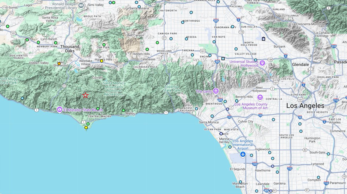 California is covered pretty well with seismic instruments and they recorded the shaking from this morning's M4.7 earthquake near Malibu. Highest ground accelerations (0.19g) were measured at Lake Sherwood in Thousand Oaks and Agoura Hills (0.10g). #earthquake