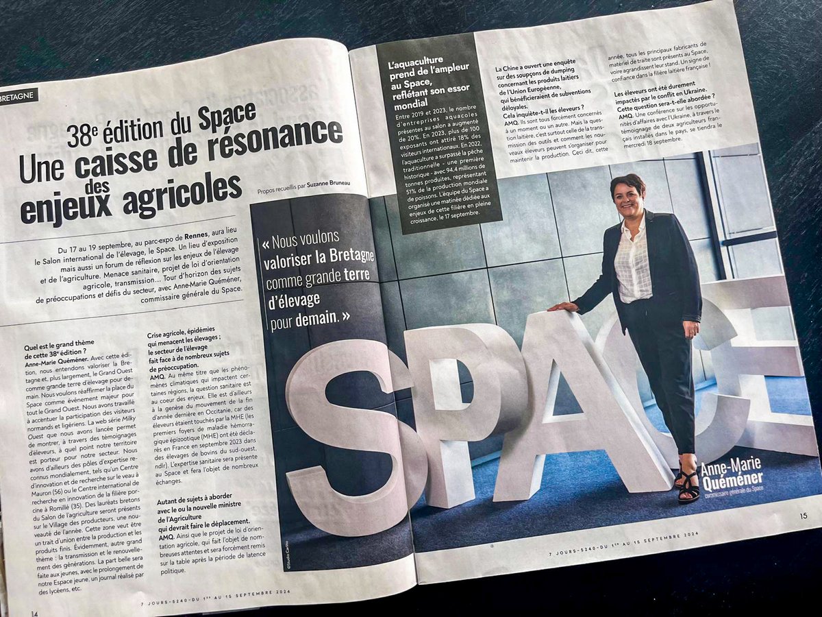 🌍 #SPACE2024 à Rennes : 38ème édition sous le signe des grands enjeux de l’élevage et de l’agriculture ! Fière de valoriser le Grand Ouest comme terre d’élevage pour demain. Merci à <a href="/7JoursRedac/">7 Jours 🗞</a> pour l’article ! 🚜📰 #Agriculture #Innovation #Bretagne