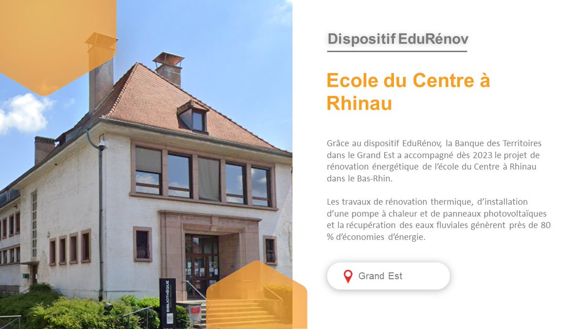 📢Un an déjà 🎂pour le dispositif #EduRénov qui a pris de la vitesse et intégré 1654 projets, touchant plus de 500 000 élèves et près de 8 millions de m2.  <a href="/BdT_GrandEst/">Direction régionale Grand Est</a> a notamment accompagné les travaux de #rénovation énergétique de l'école de #Rhinau 
👉urls.fr/lGWFQX