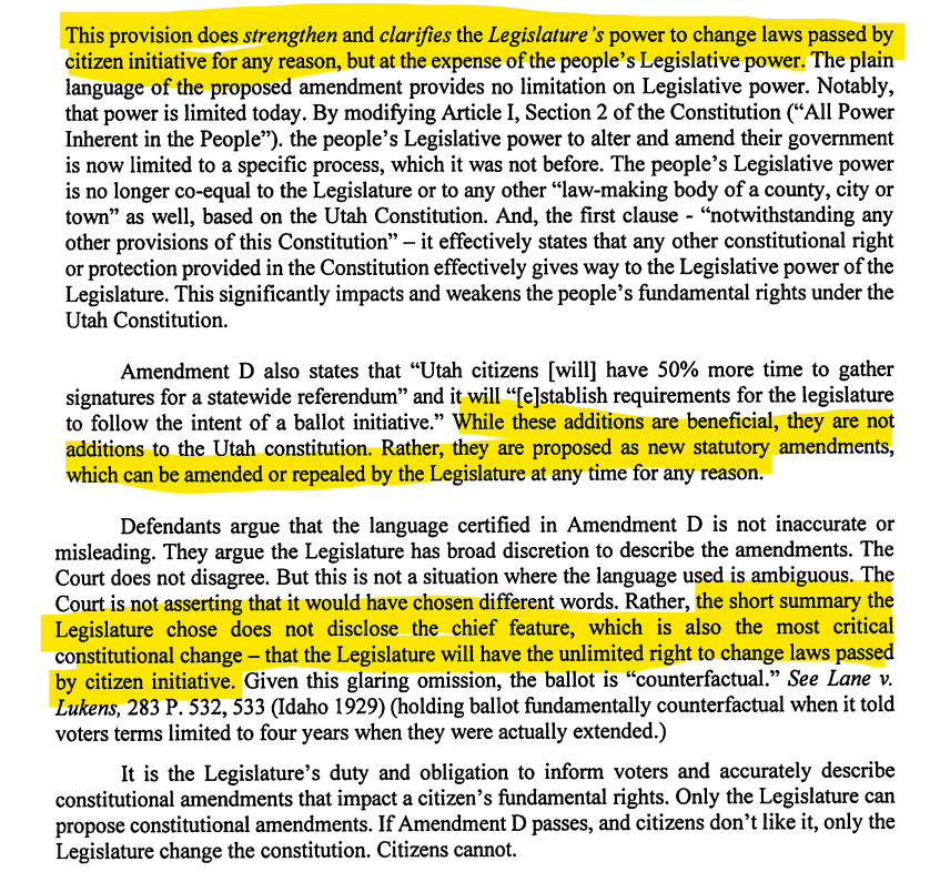 Judge Gibson writes that the legislature omitted "the chief feature" of the amendment in their summary -- "that the legislature will have the unlimited right to change law passed by citizen initiative. The omission entirely eliminates the voter's fundamental right."

She also