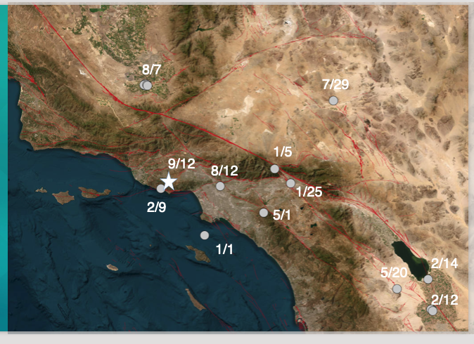 I didn't feel a thing - I was in the middle of my morning exercise routine, quite a ways from this M4.7 5 miles north of Malibu. Below are the M≥4s for 2024