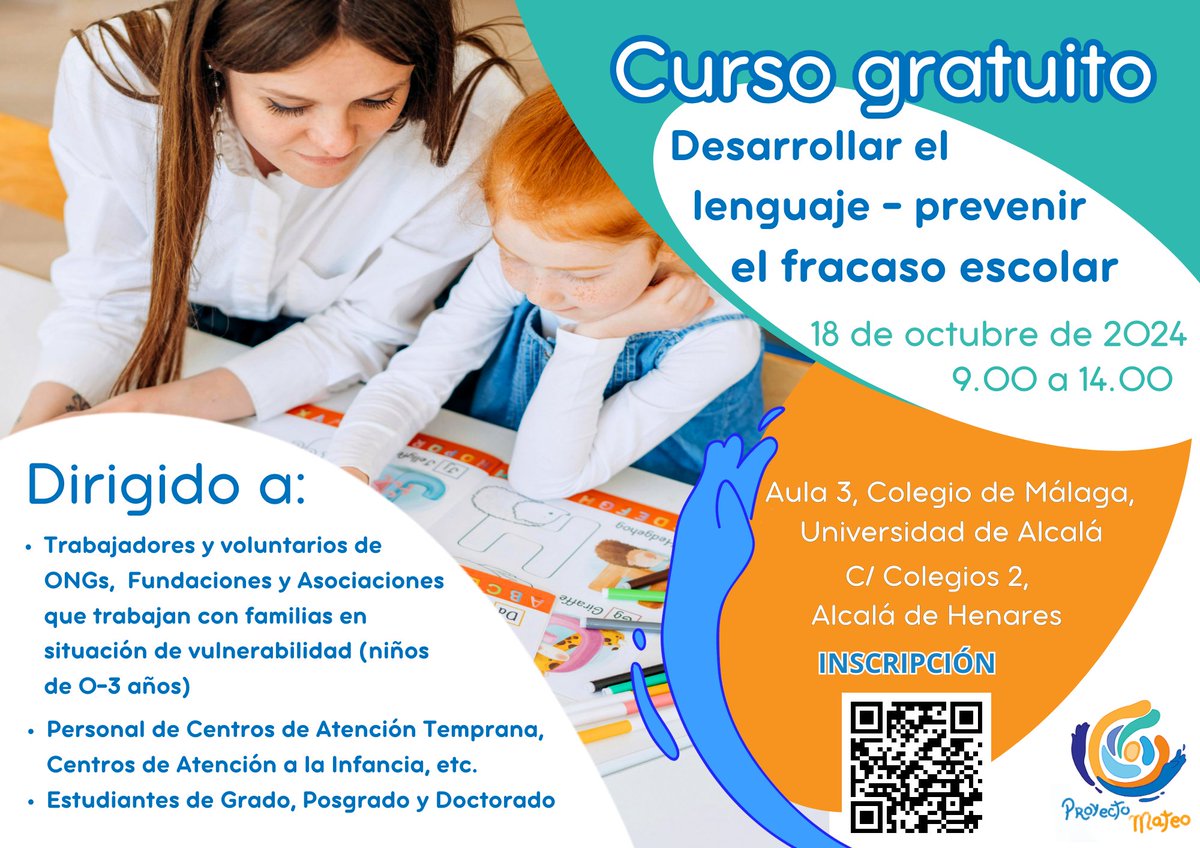 proyecto_mateo's tweet photo. Ya os decía yo que empezamos con fuerzas: el próximo 18 de octubre tendremos nuestro primer curso en @UAHes para hablar de la importancia del desarrollo lingüístico en la primera infancia para prevenir el fracaso escolar👇
¡Os esperamos! https://t.co/F0U4oVffJX
