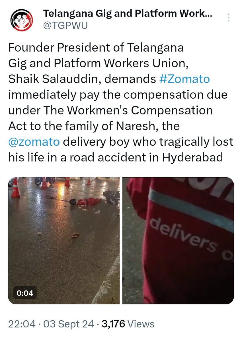 SudeshnaGh0510's tweet photo. It's been 10 days, and @zomato has yet to respond. They must compensate Naresh’s family under the Workmen's Compensation Act after his tragic accident in Hyderabad. #JusticeForNaresh #Zomato https://t.co/pQLhQUMr0F