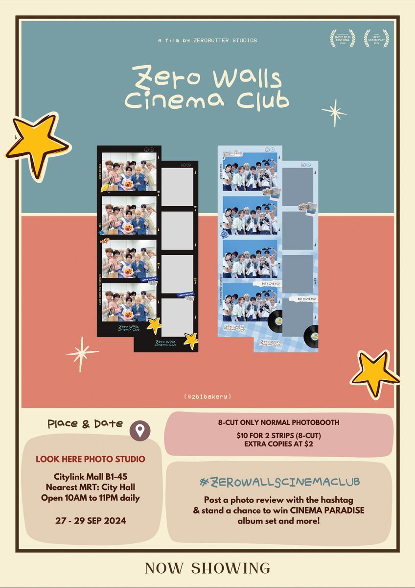 zb1bakery's tweet photo. zero walls cinema club 
ㄴ a film by 𝑧𝘦𝑟𝘰 𝘣𝑢𝘵𝑡𝘦𝑟 𝑠𝘵𝑢𝘥𝑖𝘰𝑠  

photobooth event for zb1 &amp; zerose  
📍 look here photo studio (citylink mall) 
🗓️ 27-29 Sep   

#zerowallscinemaclub #zb1 #zerobaseone https://t.co/mj2KHl9uhk