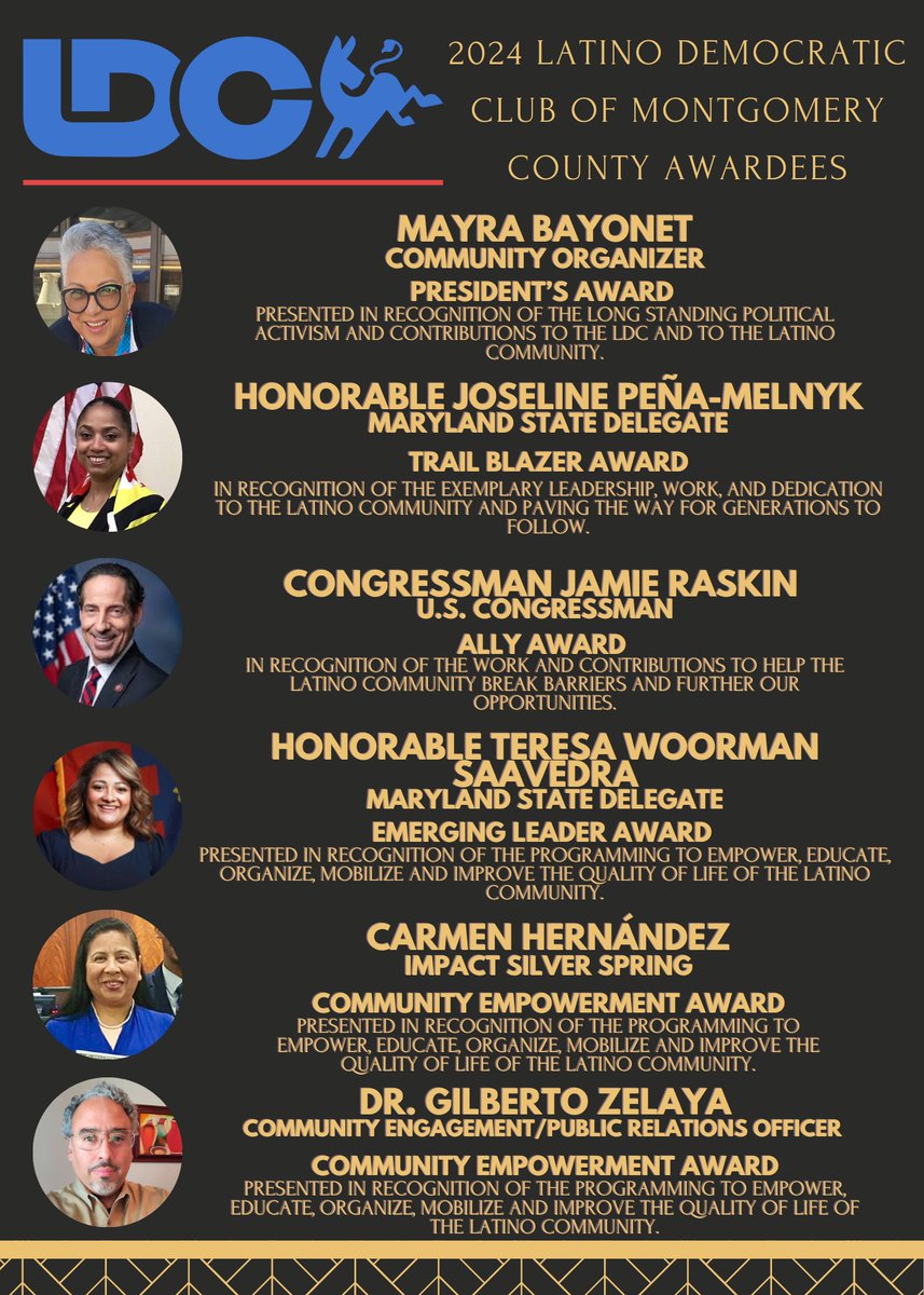 MoCo Latino Dems (@mocolatinodems) on Twitter photo We are thrilled to announce the 2024 awardees of the Latino Democratic Club! These individuals have demonstrated exceptional dedication, leadership, and commitment to our community. 8 days away! Buy your tickets now.
tinyurl.com/LDCFiesta24 We are thrilled to announce the 2024 awardees of the Latino Democratic Club! These individuals have demonstrated exceptional dedication, leadership, and commitment to our community. 8 days away! Buy your tickets now.
tinyurl.com/LDCFiesta24