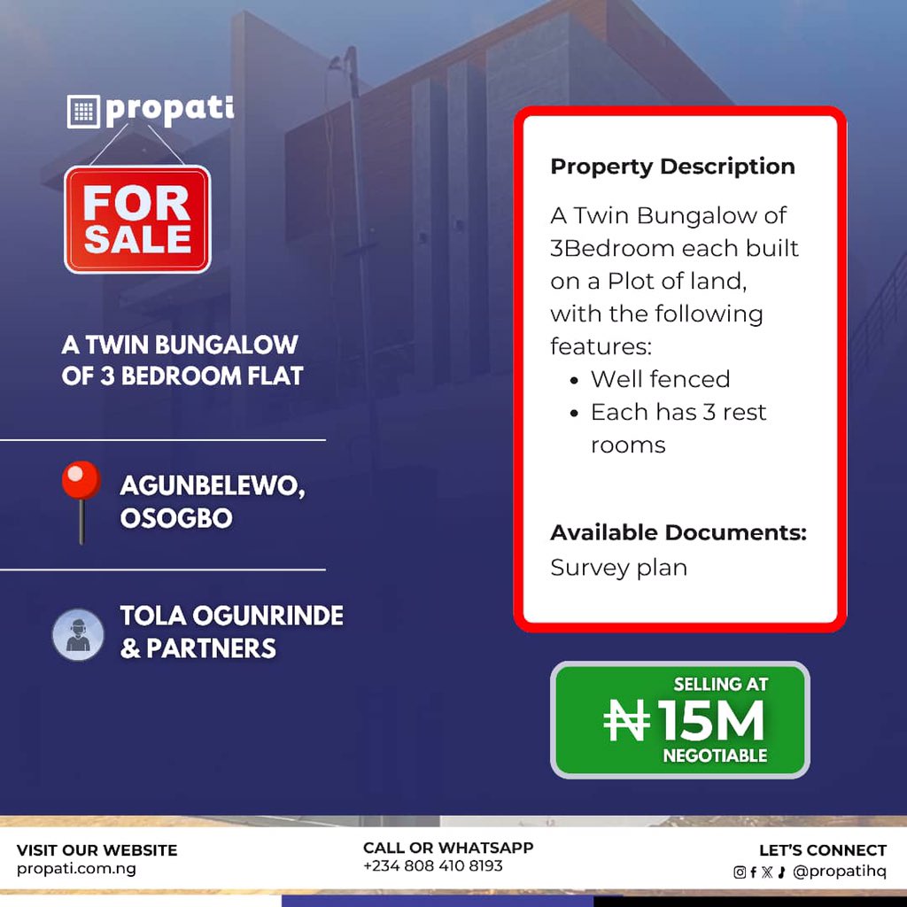 propatihq's tweet photo. JUST LISTED: 
A Twin Bungalow of 3 Bedroom flat

For More Inquiries, 
Click Link Below
https://t.co/Eqz5W9bpF0

 Or WhatsApp/Call: +2348084108193 today!

.
.
.
  #osogbo #properties #realestateagent #nigeriaproperties #propertyhub #nigeria #osunstate #forsale https://t.co/uAsEEW07gw