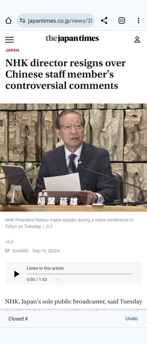 RihitoPhysicist's tweet photo. NHK, largest 🇯🇵 broadcaster had the Director resign as a Chinese NHK employee aired news that stated Diaoyu islands belongs to China and that Nanjing and comfort women issues must not be forgotten.  Is that how dissent is treated in a democratic country? https://t.co/t29phqom7M