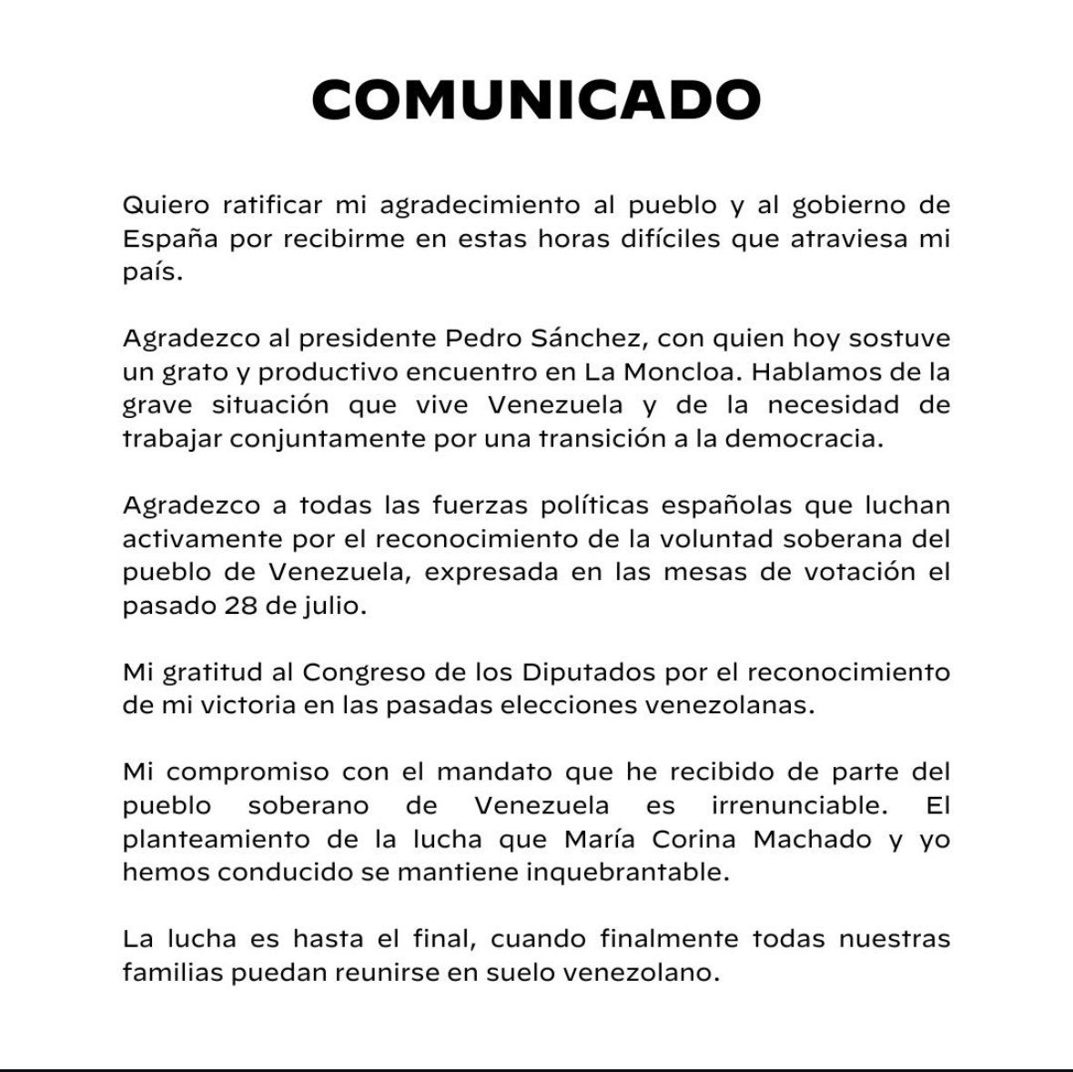 JuanPGuanipa's tweet photo. La lucha es hasta el final.

Firme comunicado del presidente @EdmundoGU luego de su reunión con el presidente Pedro Sánchez en Madrid.

¡Viva Venezuela Libre! 🇻🇪 https://t.co/cEfDzk3ORY