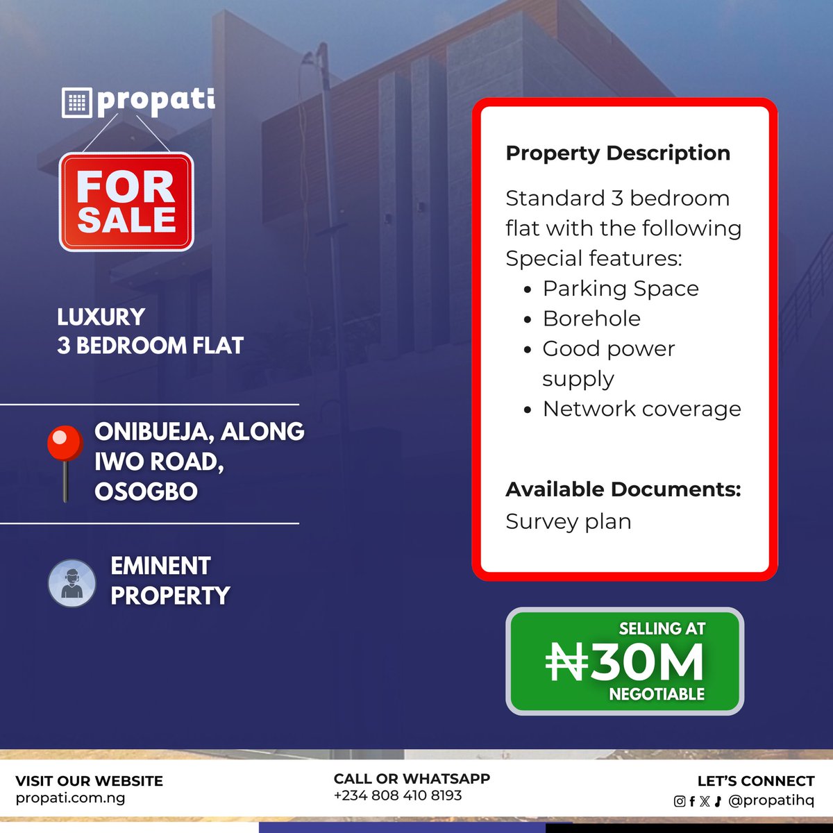 propatihq's tweet photo. JUST LISTED: 
Luxury 3 Bedroom Flat

For More Inquiries, 
Click Link Below
https://t.co/VSlk69tEzN

 Or WhatsApp/Call: +2348084108193 today!

.
.
  #osogbo #properties #propertiesinosunstate  #realestateagent #nigeriaproperties #nigeria #osunstate #forsale https://t.co/Wy8Rh2077h
