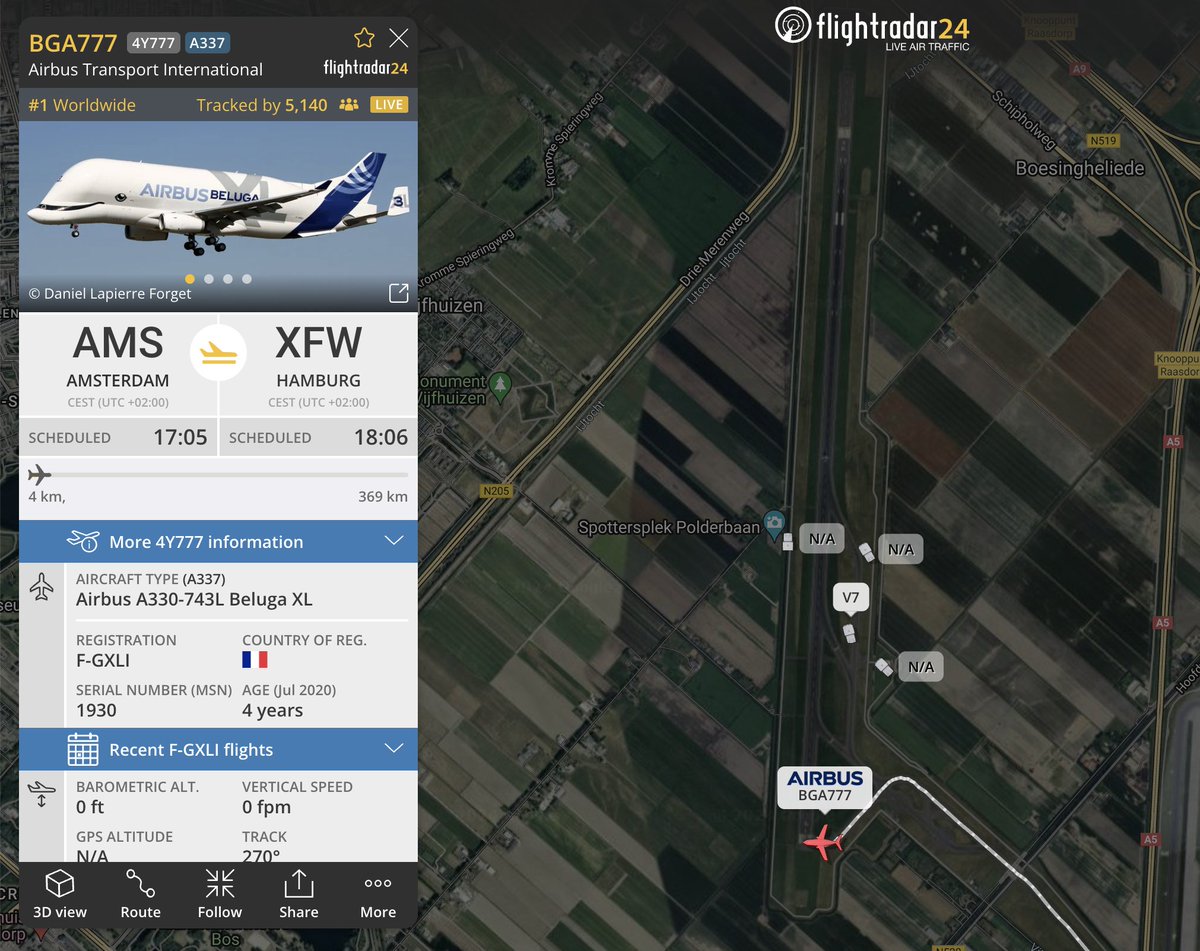 flightradar24's tweet image. Plenty of onlookers for the #BelugaXL’s departure from Amsterdam after it diverted there earlier in the week. flightradar24.com/BGA777/37121365