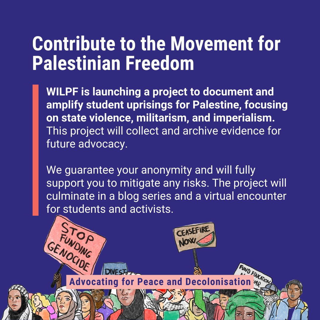 WILPF's tweet photo. CALL FOR CONTRIBUTIONS 📢✉️

WILPF is documenting the courageous students uprisings for Gaza and the violent repression they face. Share your story or get involved—let’s amplify these voices together! 

#EndGazaGenocide #StudentResistance #WILPF #StandWithPalestine https://t.co/QF8uQrIm29