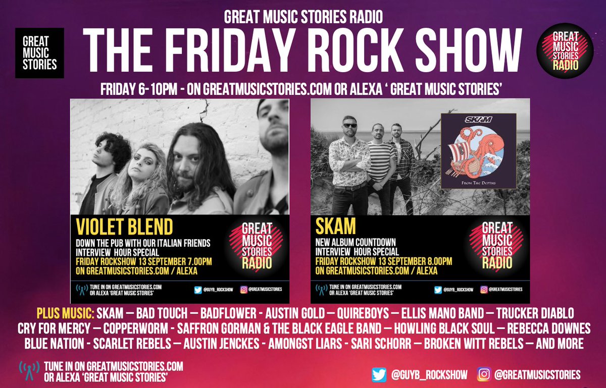 Guy B (@guyb_rockshow) on Twitter photo Friday rockshow. 6pm on greatmusicstories.com. Interview hour specials <a href="/SKAM_UK/">SKAM</a> & <a href="/VioletBlend/">Violet Blend</a> and new sizzlers from <a href="/AustinGold_band/">Austin Gold</a> <a href="/ellis_mano_band/">Ellis Mano Band</a> <a href="/copperwormUK/">Copperworm</a> <a href="/quireboysoffic/">Quireboys Official</a> <a href="/truckerdiablo/">truckerdiablo</a> <a href="/SaffronGorman/">Saffron Gorman and The Black Eagle Band</a> <a href="/ThievesLiberty/">Thieves Of Liberty</a> <a href="/CryForMercy3/">Cry For Mercy</a> <a href="/Badflower/">Badflower</a> & more x Friday rockshow. 6pm on greatmusicstories.com. Interview hour specials <a href="/SKAM_UK/">SKAM</a> & <a href="/VioletBlend/">Violet Blend</a> and new sizzlers from <a href="/AustinGold_band/">Austin Gold</a> <a href="/ellis_mano_band/">Ellis Mano Band</a> <a href="/copperwormUK/">Copperworm</a> <a href="/quireboysoffic/">Quireboys Official</a> <a href="/truckerdiablo/">truckerdiablo</a> <a href="/SaffronGorman/">Saffron Gorman and The Black Eagle Band</a> <a href="/ThievesLiberty/">Thieves Of Liberty</a> <a href="/CryForMercy3/">Cry For Mercy</a> <a href="/Badflower/">Badflower</a> & more x