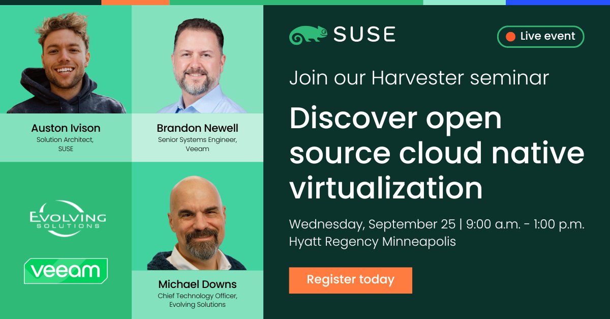 EvolvingSol's tweet image. Join Evolving Solutions, SUSE, and Veeam on Wed, Sept. 25th to discover how #Harvester can help you reduce costs, eliminate vendor lock-in and seamlessly bridge traditional virtual machines with Kubernetes-based #cloudnative infrastructures. Register now: bit.ly/4ensvBv