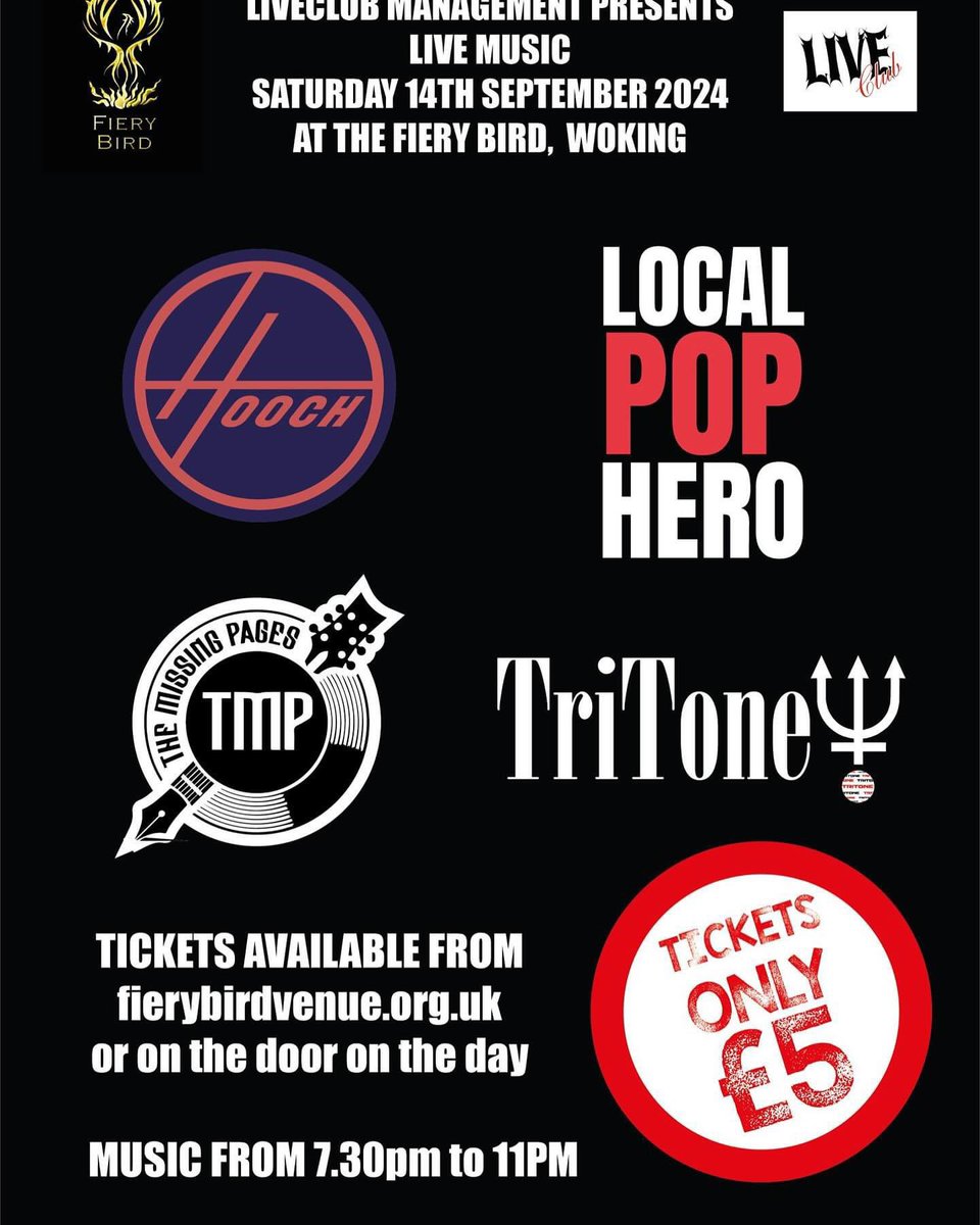 This Saturday 14th Sept we have four fantastic bands from on 7.30pm.  Tickets are just £5 from fierybirdvenue.org.uk or on the door.
