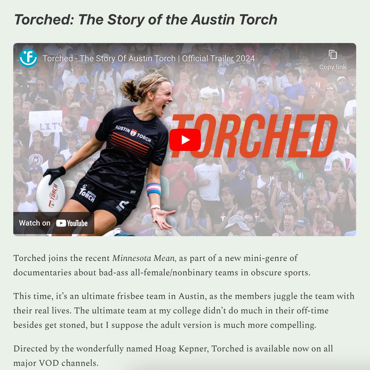 Torched Documentary (@torcheddoc) on Twitter photo Thanks for the review <a href="/StephenSilver/">Stephen Silver</a>. And the shoutout on my name. <a href="/Wawa/">Wawa</a> Hoagies for life!
Grab some 🍿 and watch this new addition to the “new mini-genre of documentaries about badass all female/non-binary teams in obscure sports.”
<a href="/atxtorch/">Austin Torch</a> <a href="/PremierUltimate/">Premier Ultimate League</a> <a href="/FreestyleDM/">Freestyle Digital Media</a> Thanks for the review <a href="/StephenSilver/">Stephen Silver</a>. And the shoutout on my name. <a href="/Wawa/">Wawa</a> Hoagies for life!
Grab some 🍿 and watch this new addition to the “new mini-genre of documentaries about badass all female/non-binary teams in obscure sports.”
<a href="/atxtorch/">Austin Torch</a> <a href="/PremierUltimate/">Premier Ultimate League</a> <a href="/FreestyleDM/">Freestyle Digital Media</a>