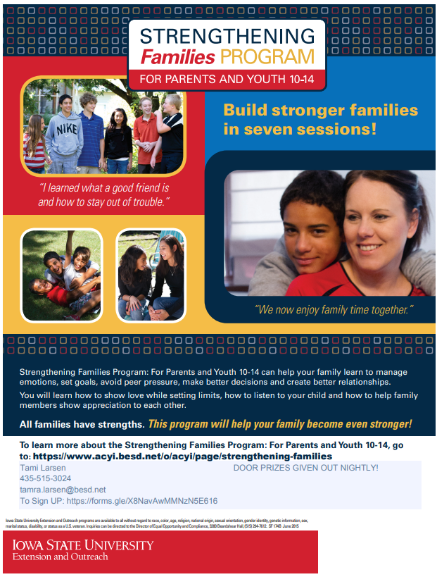 ACYIEagles's tweet photo. Strengthen your family with the Strengthening Families Program 10-14!

Learn essential life skills and create a positive home environment.

Join us at the south end of Box Elder School District.

 https://t.co/rltgxIN7Md 

Free addition!

Starts Monday, Sept. 16th. https://t.co/ehLjMU6EIQ