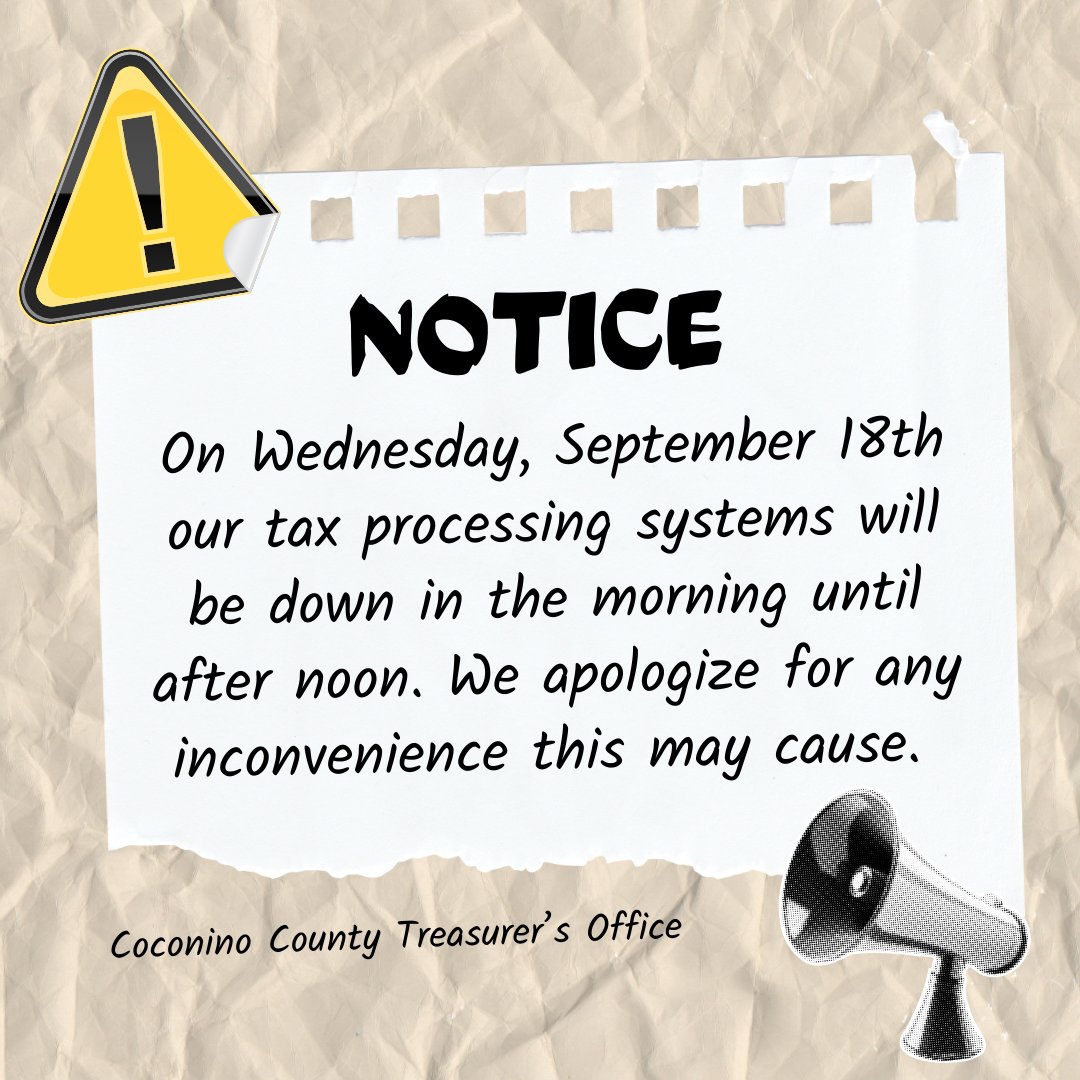 CoCoTreasury's tweet image. On Wednesday, September 18th, our tax processing systems will be down in the morning until after noon. We apologize for any inconvenience this may cause.