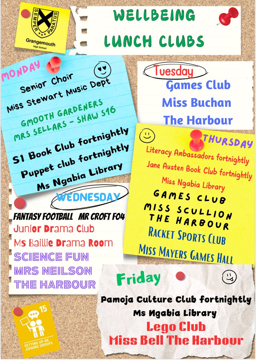 📣 Here is this year’s Wellbeing Clubs offered during lunchtimes in school. Pupils are really lucky to have such a wide range of clubs to try. Clubs have a wellbeing focus, provide a supportive environment for pupils to talk, make friends &amp; have fun 😃 <a href="/GrangemouthHS/">Grangemouth HS</a> #Article15