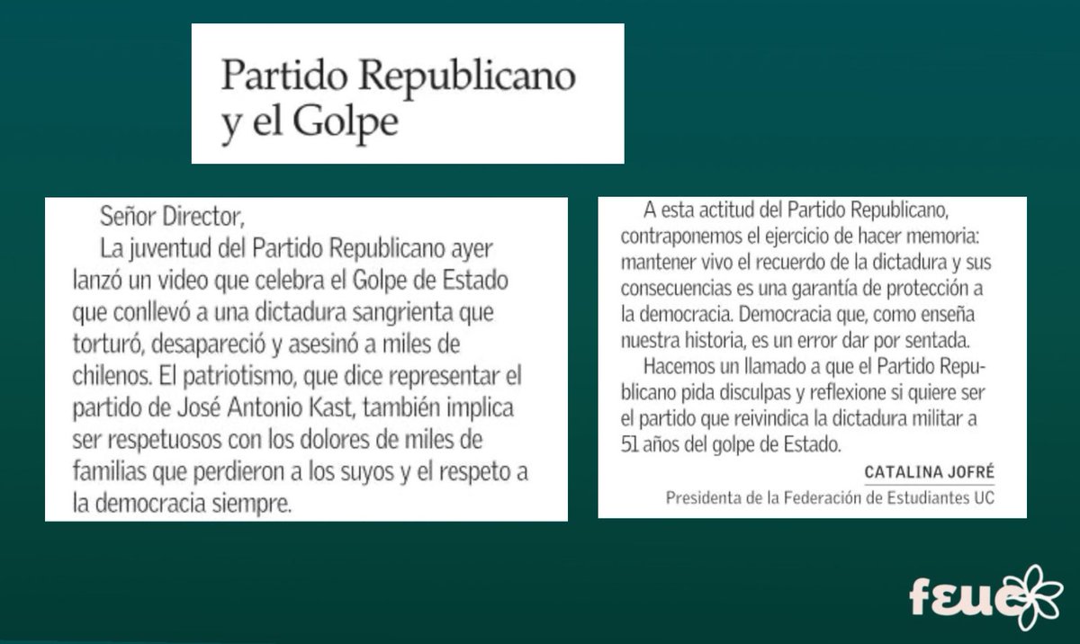 FEUC 2025 (@feuc) on Twitter photo Nuestra Presidenta <a href="/CatalinaJofree/">Catalina Jofré</a> sobre las declaraciones de la Juventud del Partido Republicano para <a href="/ElMercurio_cl/">elmercurio_cl</a> Nuestra Presidenta <a href="/CatalinaJofree/">Catalina Jofré</a> sobre las declaraciones de la Juventud del Partido Republicano para <a href="/ElMercurio_cl/">elmercurio_cl</a>