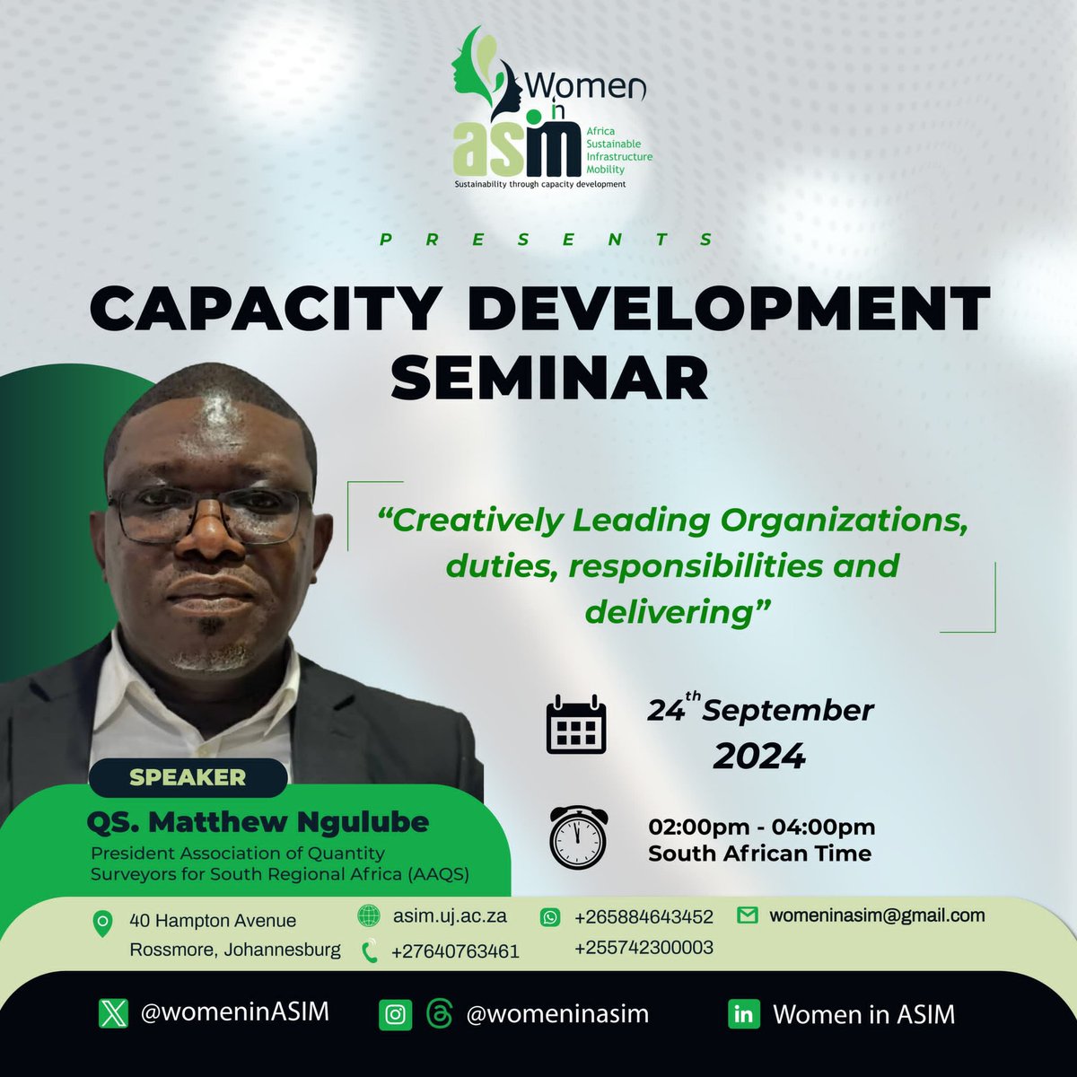 AphanieMurhunzi's tweet photo. #WomeninAsim is organizing a capacity development seminar on 24th September 2024. Check the flyer for more details.
To attend this event, you need to register using the link below.
https://t.co/XsmgyvaKEU
You don't want to miss this.
#letbuildtheAfricawewant https://t.co/dfIddsu0nZ
