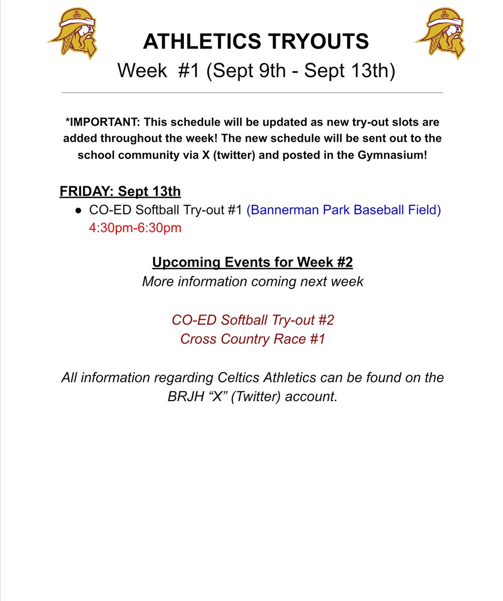 🚨WEEK #1 TRYOUTS🚨

Attention <a href="/BRJHCeltics/">Brother Rice Celtics</a> Athletes. See below for WEEK #1 tryouts. 

All information for interested athletes was handed out today. Please remember your two forms. MEDICAL CONSENT &amp; ATHLETE INFORMATION FORMS.  #GOCELTICSGO #BRJHathletics 🥎
