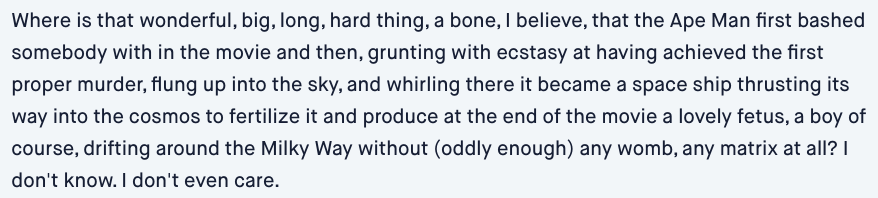 Ursula K. LaGuin has the most devastating (incidental) review of 2001: A Space Odyssey 😵
