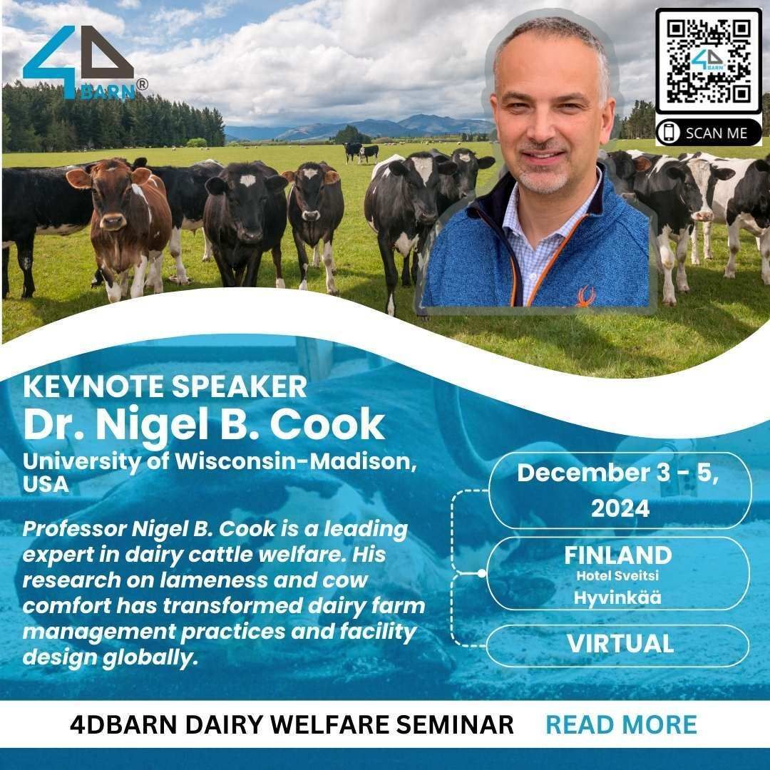 Dr. Nigel Cook will be in Finland this December for the 4dBarn Dairy Welfare Seminar where he will be talking about dairy cattle welfare &amp; sustainability &amp; how to optimize rest &amp; prevent lameness in AMS barns. More information can be found at 4dbarn.com/pages/4dbarn-d…